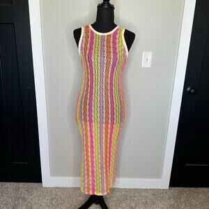 NWT Miken Swim Crochet Cover Up Dress Cream Neon Stripe – Size S